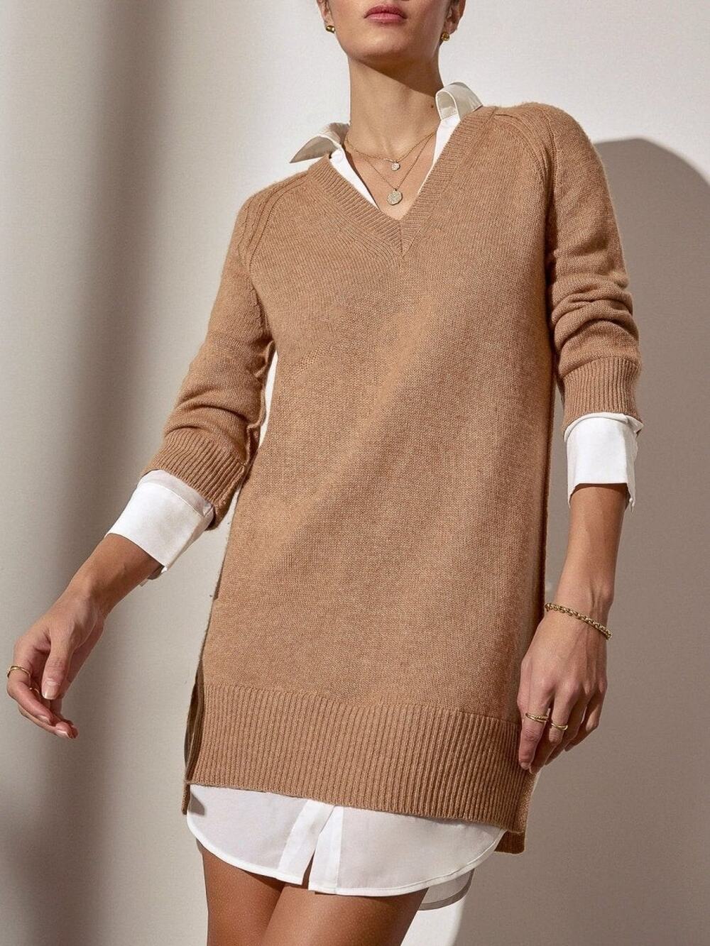 Brochu Walker Looker Camel Melange Brown Cashmere Sweater Mini Dress XS